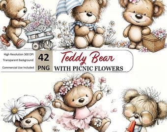 Imágenes prediseñadas de picnic con ositos de peluche en acuarela, primer cumpleaños, baby shower PNG, imágenes prediseñadas para guardería (42 PNG)