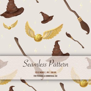 May include: A seamless pattern featuring watercolor illustrations of a brown wizard hat, a golden snitch, and a broomstick. The design includes lightning bolt accents and the text "Seamless Pattern". The pattern is 12x12 inches and suitable for personal and commercial use.