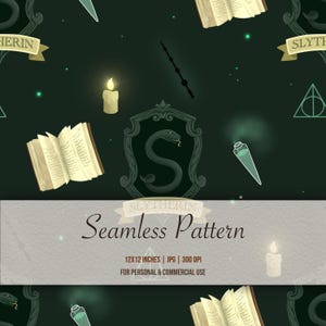 May include: Seamless pattern with a dark green background featuring illustrations of books, candles, potion bottles, wands, and the Slytherin crest. The text "Slytherin Seamless Pattern" is displayed on a banner. The pattern is 12x12 inches.