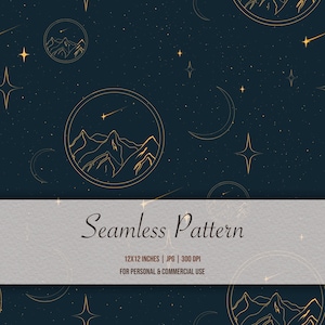 Puede incluir: Patrón sin costuras azul oscuro con elementos celestes dorados, incluyendo estrellas, lunas crecientes y siluetas de montañas en círculos. El texto "Seamless Pattern" se muestra en una pancarta.