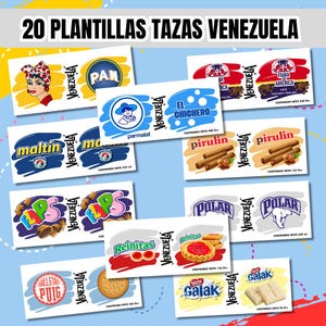Pode incluir: Uma coleção de 20 designs de canecas com tema venezuelano. Os designs apresentam várias marcas de alimentos e bebidas, incluindo "PAN", "Maltin", "Polar" e "Galak". Os designs são coloridos e apresentam texto em espanhol.