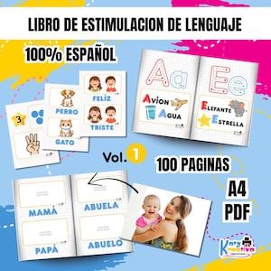 Pode incluir: Um livro educativo em espanhol para estimulação da linguagem, com o texto "LIBRO DE ESTIMULACION DE LENGUAJE" e "100% ESPAÑOL" na capa. Contém ilustrações e texto, com as palavras "100 PAGINAS" e "A4 PDF".
