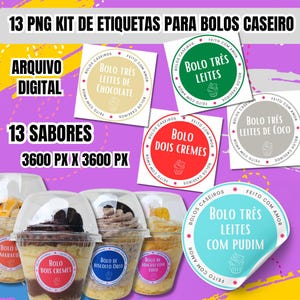 Pode incluir: Um kit digital de 13 etiquetas PNG para bolos caseiros. As etiquetas redondas, com texto em português, apresentam vários sabores de bolo, como chocolate, coco e pudim. A imagem também mostra várias porções individuais de bolo em recipientes de plástico transparente.