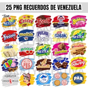 Pode incluir: Uma coleção digital de 25 arquivos gráficos PNG com logotipos e ilustrações de produtos de marcas venezuelanas de alimentos e bebidas, incluindo Nestea, Toddy, Polar, Galak, Samba, Pirulin, Flips, Puig, Diablitos e P.A.N. com texto no topo.