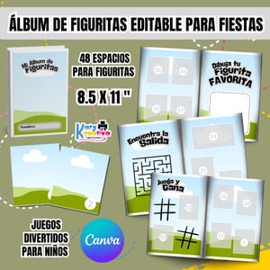 Può includere: Un album di adesivi modificabile per feste. L'album è bianco con un design verde e blu. Ha 48 spazi per adesivi e misura 21,59 x 27,94 cm. L'album include giochi e attività per bambini, con il logo Canva.