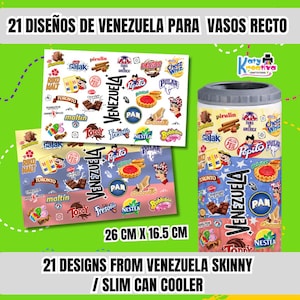 Könnte beinhalten: Ein schlanker Getränkekühler und zwei Aufkleberbögen mit 21 Designs aus Venezuela. Die Designs umfassen verschiedene venezolanische Lebensmittel- und Getränkemarken. Die Aufkleberbögen messen 26 cm x 16,5 cm. Der Text enthält "Venezuela".