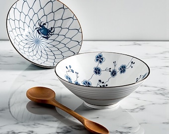Ceramic Ramen Bowl Japanese Blue White Underglaze Noodle Soup Serving Dish Kitchen Tableware