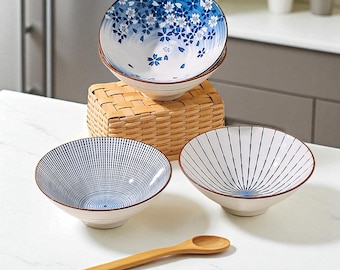 Ceramic Ramen Bowl Vintage Japanese Noodle Soup Serving Dish Blue White Underglaze Tableware