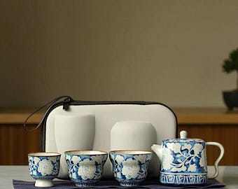 Travel Tea Set Ceramic Gongfu Blue White Peony Teapot Cups Portable Carry Case