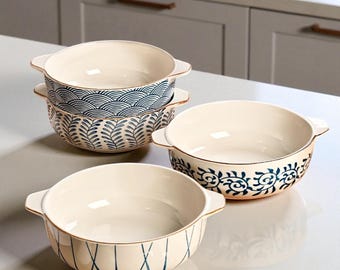 Japanse keramische soepkom met dubbele handgreep, onderglazuur blauw, serveerschaal voor ramennoedels