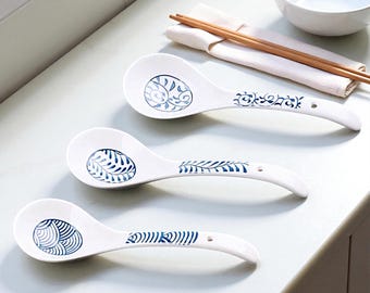 Large Japanese Ceramic Soup Spoon Set Blue Underglaze Pattern Ramen Kitchen Serving Utensil