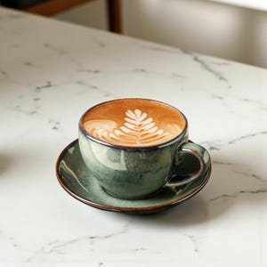 Puede incluir: Un juego de taza y platillo de café de cerámica en un esmalte verde azulado. La taza está llena de café, cubierta con un diseño de arte latte en forma de hoja. El juego está sobre una superficie de mármol blanco.