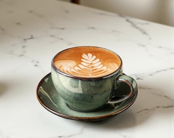 Ceramic Coffee Cup and Saucer Set 350ml Handmade Gradient Reactive Glaze Stoneware Latte Mug