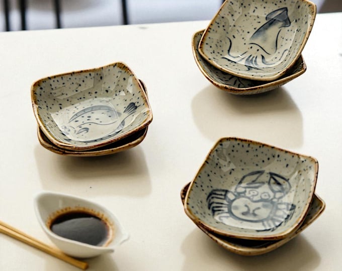 Ceramic Soy Sauce Dish Japanese Style Small Square Dipping Bowl Hand Painted Underglaze