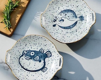 Ceramiczna miska do zupy z uchwytami, japoński wzór owoców morza, duża miska do serwowania makaronu ramen