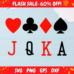 Puede incluir: Gráfico digital con palos de cartas: corazón, trébol, diamante y pica, junto con las letras J, Q, K y A. La imagen tiene un fondo azul claro con el texto "FLASH SALE - 60% OFF!" en la parte superior.