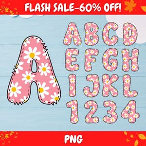 May include: Pink and white daisy-patterned letters and numbers against a light blue background. The image includes the letters A, B, C, D, E, F, G, H, I, J, K, L, and the numbers 1, 2, 3, and 4. The text "FLASH SALE -60% OFF!" is at the top.