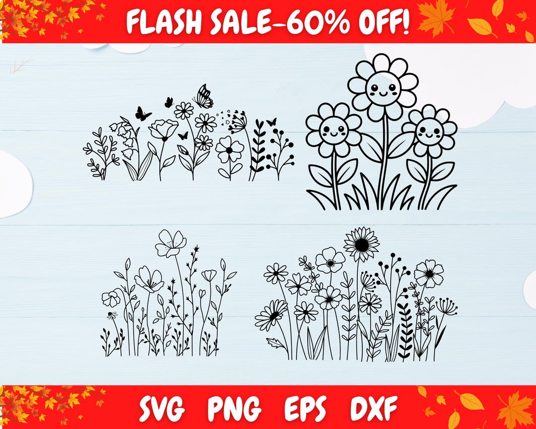 Wildflower Line Art SVG Bundle, Floral Outline Cut Files - Etsy