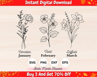 Birth Month Flower SVG Bundle, Carnation SVG, Violet Flower SVG, Daffodil Flower svg, Botanical Line svg, Floral Line Art svg