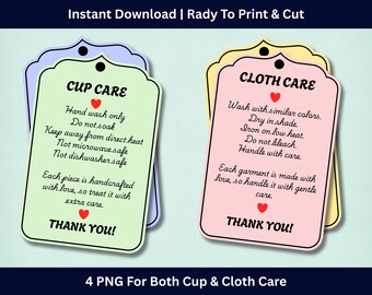Cup & Cloth Care Tag PNG Bundle, Printable Instructions (Instant Download)