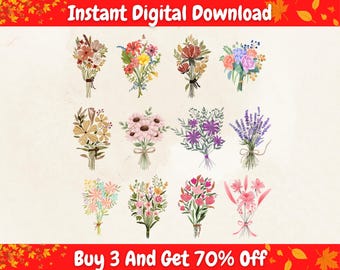 Watercolor Floral Bouquet PNG Bundle, Clipart PNG Set, Rustic Flowers PNG, Wedding Floral Clipart, Hand Tied Bouquet for Wedding Invite