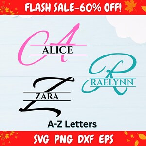 Peut inclure: Une conception graphique avec les lettres A, Z et R, chacune avec un nom incorporé dans le design. La lettre A est rose avec "ALICE" en noir. La lettre Z est noire avec "ZARA" en noir. La lettre R est turquoise avec "RAELYNN" en blanc. Le texte en bas indique "A-Z Letters".