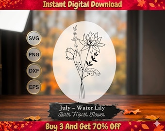 Water Lily Line Art SVG - July Birth Flower, Botanical Design (Digital Download)