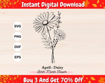 April Birth Flower SVG, Daisy Flower SVG, Daisy Line Art Cut File, Birth Month Flower svg, Floral Outline svg for Cricut, Botanical Flower
