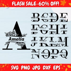 May include: Black floral monogram alphabet letters, including the letter "A" with the name "Amelia" and other letters from B to Q. The letters are decorated with floral designs. The image also includes the text "FLASH SALE -60% OFF!" and "SVG PNG JPG DXF EPS".