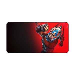 May include: Rectangular mousepad featuring a stylized illustration of a character with a white and blue mask, set against a red and black gradient background. The character is muscular and appears to be in motion.