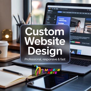 Peut inclure: Un ordinateur portable affichant une conception de site web, avec une enseigne indiquant "Custom Website Design". L'enseigne indique également "Professional, responsive & fast". Un carnet, un stylo et un smartphone sont au premier plan.