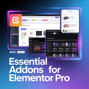 May include: A digital display showcasing the "Essential Addons for Elementor Pro" logo and various app interfaces. The logo features an orange and white "E" icon. The background is a gradient of blue and purple.