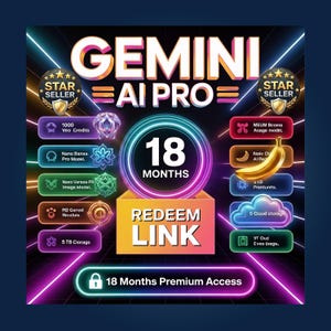 May include: A promotional graphic for Gemini AI Pro, featuring the text "GEMINI AI PRO" in large letters. The image highlights an 18-month premium access offer, with icons representing various features and benefits, including cloud storage and credits.