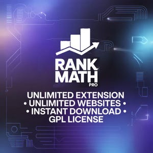 Puede incluir: Logotipo blanco con el texto "RANK MATH PRO" y un gráfico de un gráfico de barras ascendente con una flecha sobre un fondo morado y azul. Debajo, las palabras "UNLIMITED EXTENSION", "UNLIMITED WEBSITES", "INSTANT DOWNLOAD" y "GPL LICENSE".