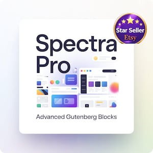 Op de afbeelding: Een witte vierkante afbeelding met de tekst "Spectra Pro" en "Advanced Gutenberg Blocks" in het zwart. De afbeelding bevat een kleurrijke illustratie van website-ontwerpelementen en een Etsy Star Seller-badge.