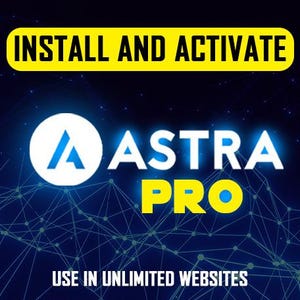 Może przedstawiać: Grafika cyfrowa ze słowami "INSTALL AND ACTIVATE" w białym tekście na żółtym tle. Poniżej białe koło z niebieskim "A" w środku oraz słowa "ASTRA PRO" w kolorze białym i żółtym. Tekst "USE IN UNLIMITED WEBSITES" znajduje się na dole.