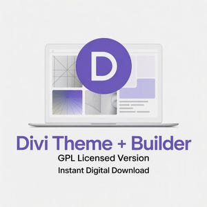 May include: A laptop displays a website design interface with a large purple circle containing a white "D". Below the laptop, the text reads "Divi Theme + Builder", "GPL Licensed Version", and "Instant Digital Download".