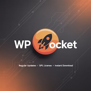 May include: A digital graphic with the text "WP Rocket" in white, featuring a stylized orange and black rocket icon. The background is dark gray with orange gradient and circuit-like lines. Text at the bottom reads "Regular Updates • GPL License • Instant Download."