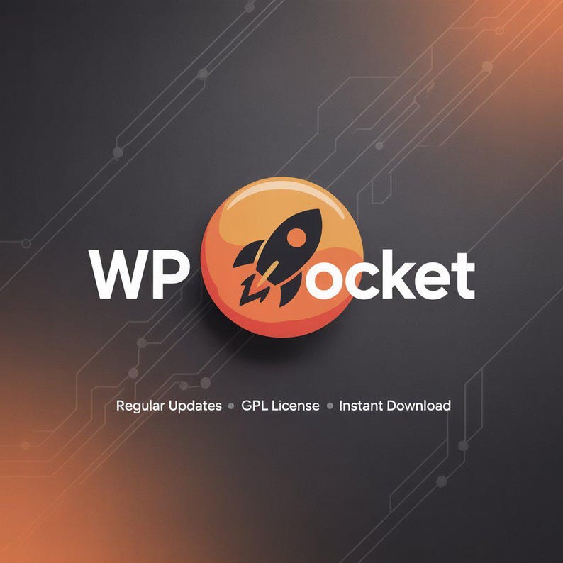 Op de afbeelding: Een digitale afbeelding met de tekst "WP Rocket" in het wit, met een gestileerd oranje en zwart raketpictogram. De achtergrond is donkergrijs met een oranje verloop en circuitachtige lijnen. De tekst onderaan luidt "Regular Updates &bull; GPL License &bull; Instant Download."