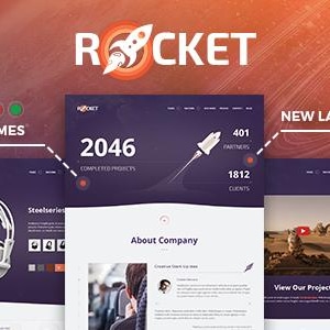 Op de afbeelding: Een website-ontwerpconcept met een ruimtethema, met het woord "ROCKET" en een raketlogo. Het ontwerp toont verschillende lay-outs, kleurenschema's en statistieken, waaronder "2046 voltooide projecten" en "401 partners."
