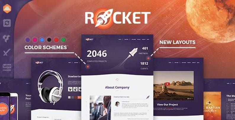 Op de afbeelding: Een website-ontwerpconcept met een ruimtethema, met het woord "ROCKET" en een raketlogo. Het ontwerp toont verschillende lay-outs, kleurenschema's en statistieken, waaronder "2046 voltooide projecten" en "401 partners."