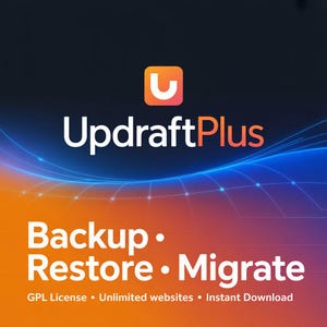 May include: A digital graphic for UpdraftPlus, with a white logo and the text 'Backup • Restore • Migrate'. The background transitions from orange to blue, with a stylized orange 'U' in the logo.