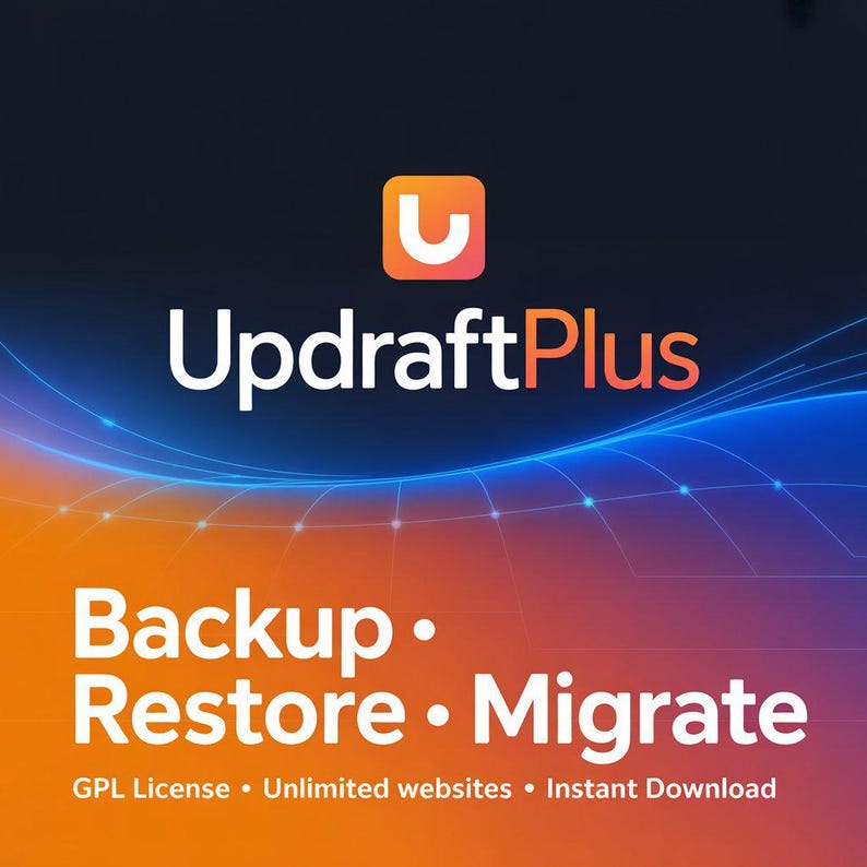 May include: A digital graphic with the UpdraftPlus logo, featuring a stylized orange 'U' inside a square. Below, the text reads 'Backup &bull; Restore &bull; Migrate' in white, set against a gradient background of orange and blue.