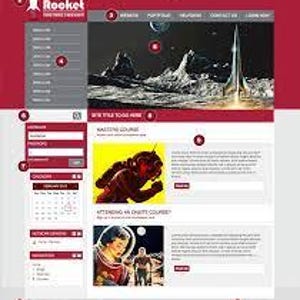 Op de afbeelding: Een website-ontwerp met een rood en grijs kleurenschema. De bovenste banner toont het woord "Rocket" en een raketpictogram. Het hoofdinhoudsgebied bevat afbeeldingen van astronauten en sc&egrave;nes in de ruimte, samen met tekst en navigatie-elementen.