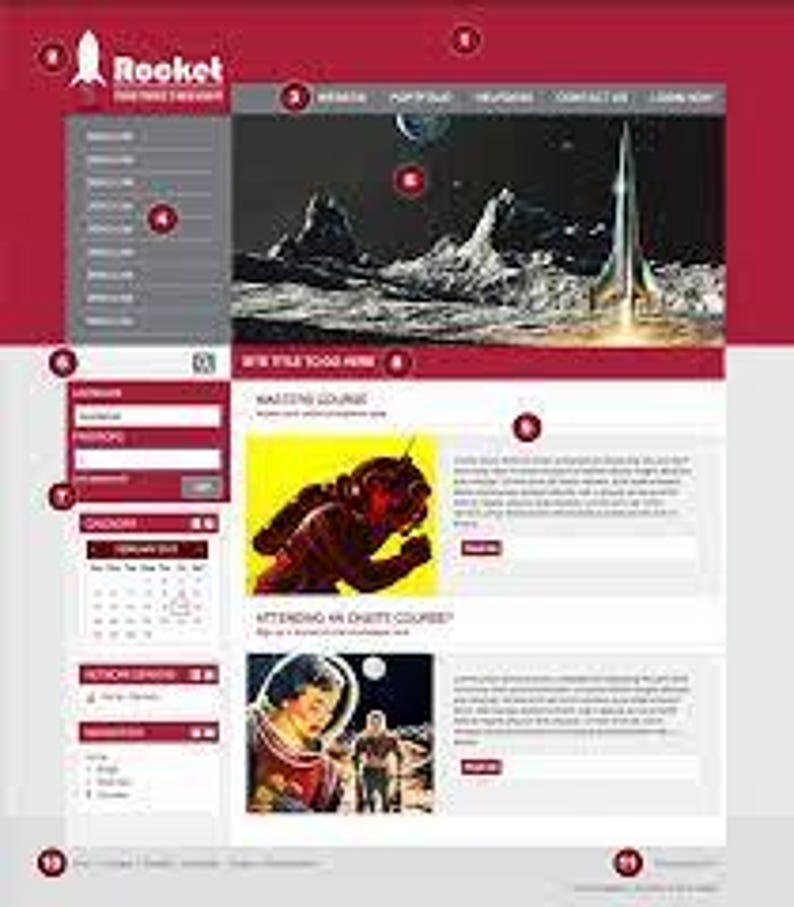 Op de afbeelding: Een website-ontwerp met een rood en grijs kleurenschema. De bovenste banner toont het woord "Rocket" en een raketpictogram. Het hoofdinhoudsgebied bevat afbeeldingen van astronauten en sc&egrave;nes in de ruimte, samen met tekst en navigatie-elementen.