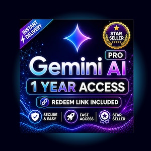 Può includere: Grafica digitale con sfondo blu scuro con testo "Gemini AI" e "1 YEAR ACCESS". Il testo aggiuntivo include "REDEEM LINK INCLUDED", "SECURE & EASY" e "FAST ACCESS". Sono presenti anche una stella e un distintivo di venditore stellare.