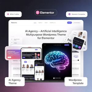 Może przedstawiać: Cyfrowa ilustracja prezentująca motyw strony internetowej dla Elementora. Projekt zawiera laptopa, tablet i smartfon wyświetlające układy stron internetowych. Motyw jest przeznaczony dla Agencji AI, z świecącą grafiką mózgu. Obraz zawiera logo Elementor.