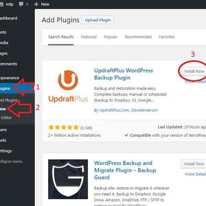 May include: Screenshot of a WordPress dashboard showing the "Add Plugins" section. The interface displays a list of plugins, including "UpdraftPlus WordPress Backup Plugin" with an "Install Now" button. The left sidebar highlights the "Plugins" and "Add New" options.
