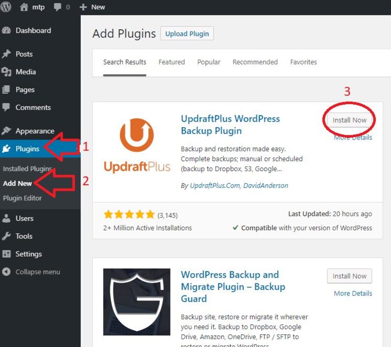 May include: Screenshot of a WordPress dashboard showing the "Add Plugins" section. The interface displays a list of plugins, including "UpdraftPlus WordPress Backup Plugin" with an "Install Now" button. The left sidebar highlights the "Plugins" and "Add New" options.