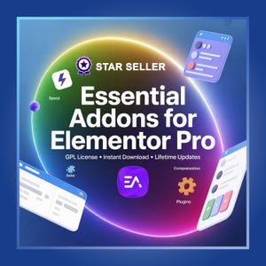 Puede incluir: Un anuncio digital con un fondo degradado azul y verde. El texto dice "Essential Addons for Elementor Pro" con texto de apoyo. Los gráficos incluyen un rayo, una estrella e iconos estilizados de teléfono y tableta. También está presente el logotipo de "EA".